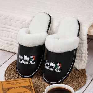 Black leather men’s slippers Kiss my italian ass